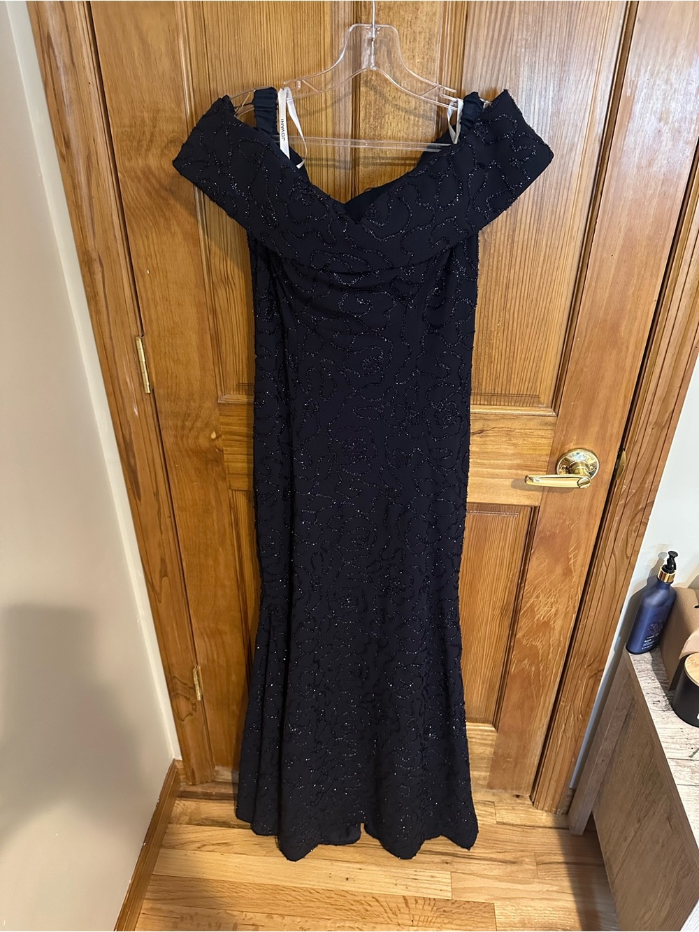 Off-Shoulder Navy Evening Gown with Subtle Sparkle